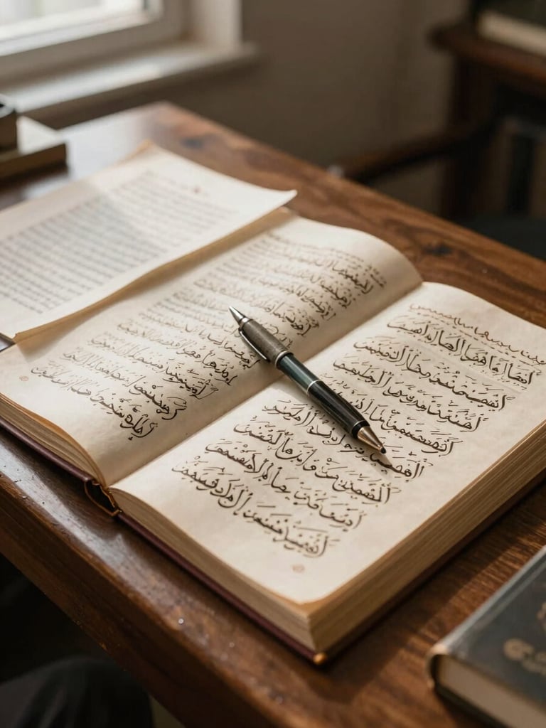 Wide-angle view of a scholar's wooden desk from the left side, open Arabic manuscript and annotated texts spread across the surface, a worn pen resting on the page, soft north-facing window light casting quiet shadows across the paper, no person visible
