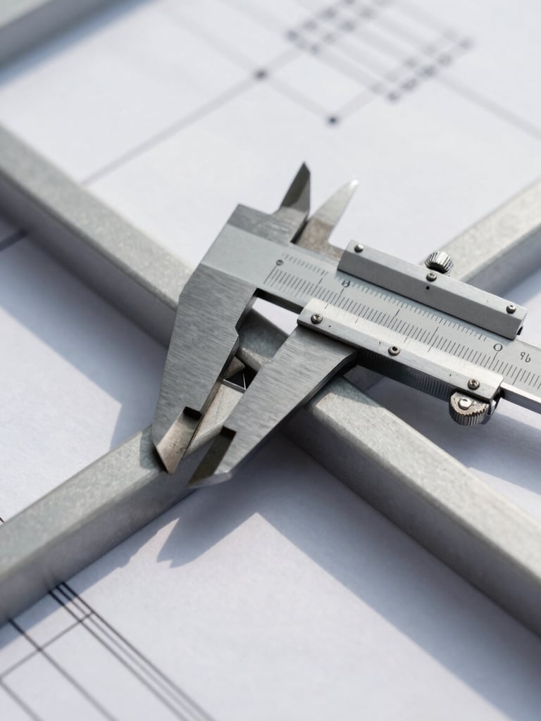 Extreme close-up of a structural blueprint with a steel caliper measuring a joint, sharp shadows, cool gray tones