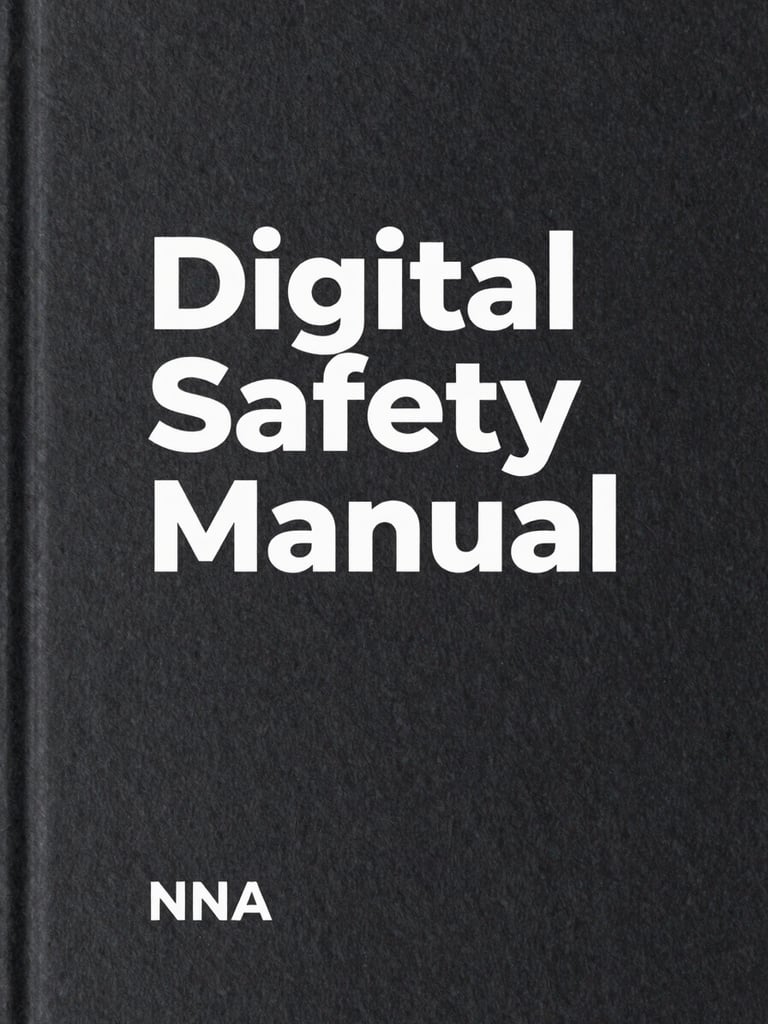 A clean minimalist book cover on a dark slate surface, titled Digital Safety Manual, professional editorial lighting, elegant shadows