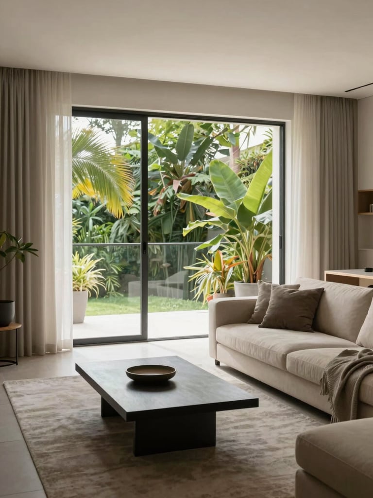 Bright residential living room in Belém, modern minimalist decor, large window showing tropical green foliage outside, soft natural afternoon light.
