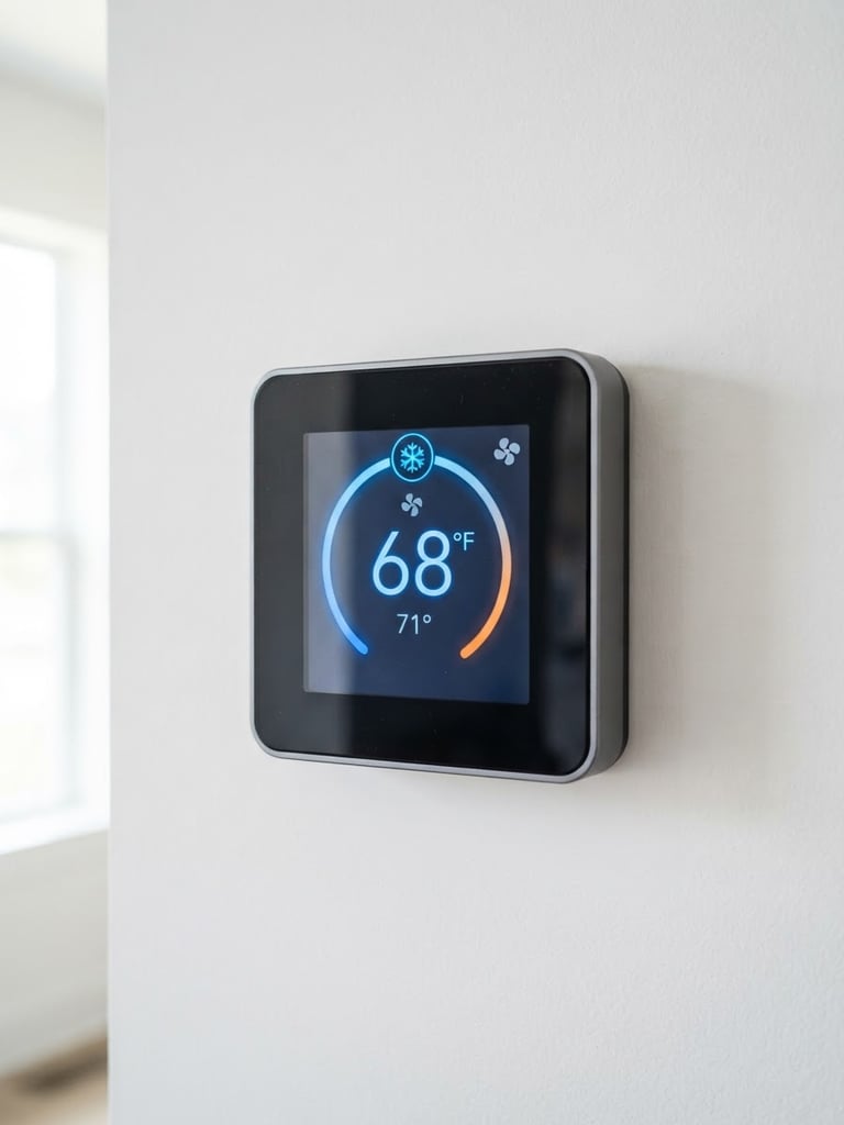 Close-up of a modern digital thermostat displaying cool temperature settings, crisp natural daylight casting soft shadows on a clean white wall, sharp focus, 35mm.