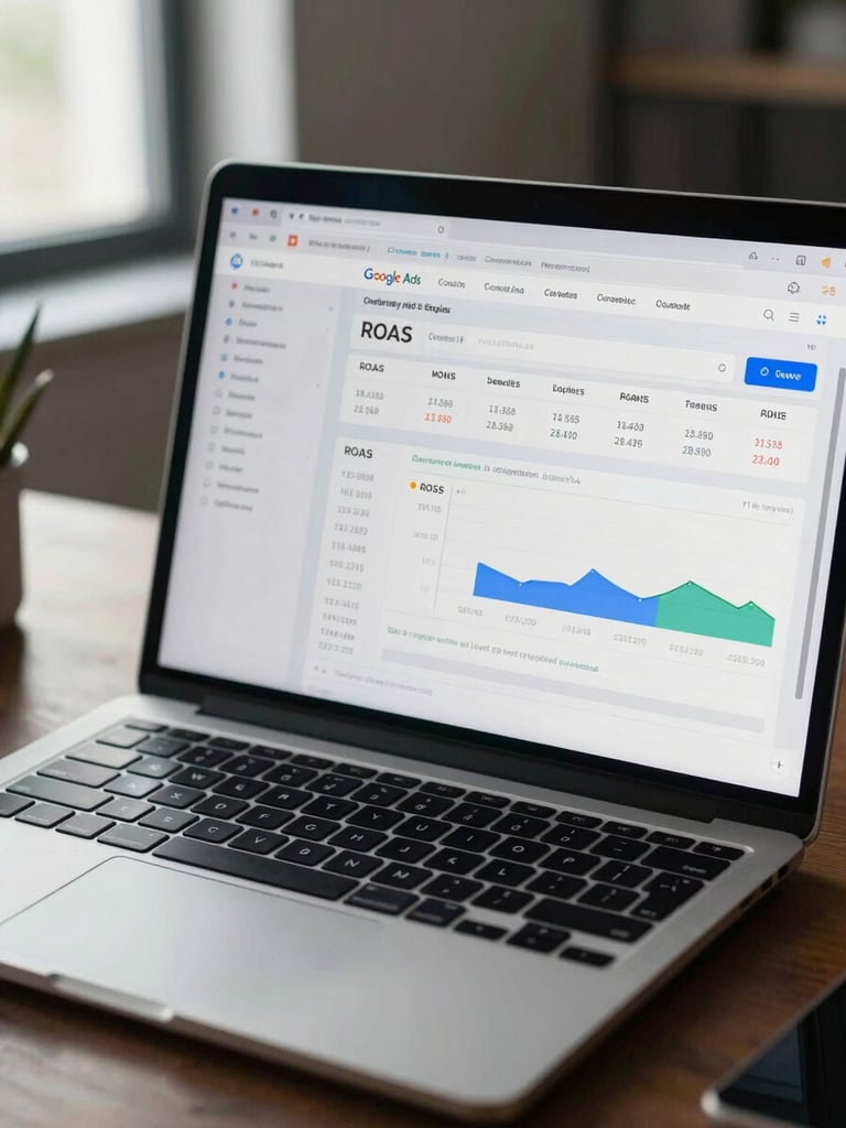 Close-up of a laptop screen displaying a live Google Ads campaign dashboard with ROAS metrics, conversion columns, and budget pacing charts, cool office daylight from the left, dark desk surface, no human subjects