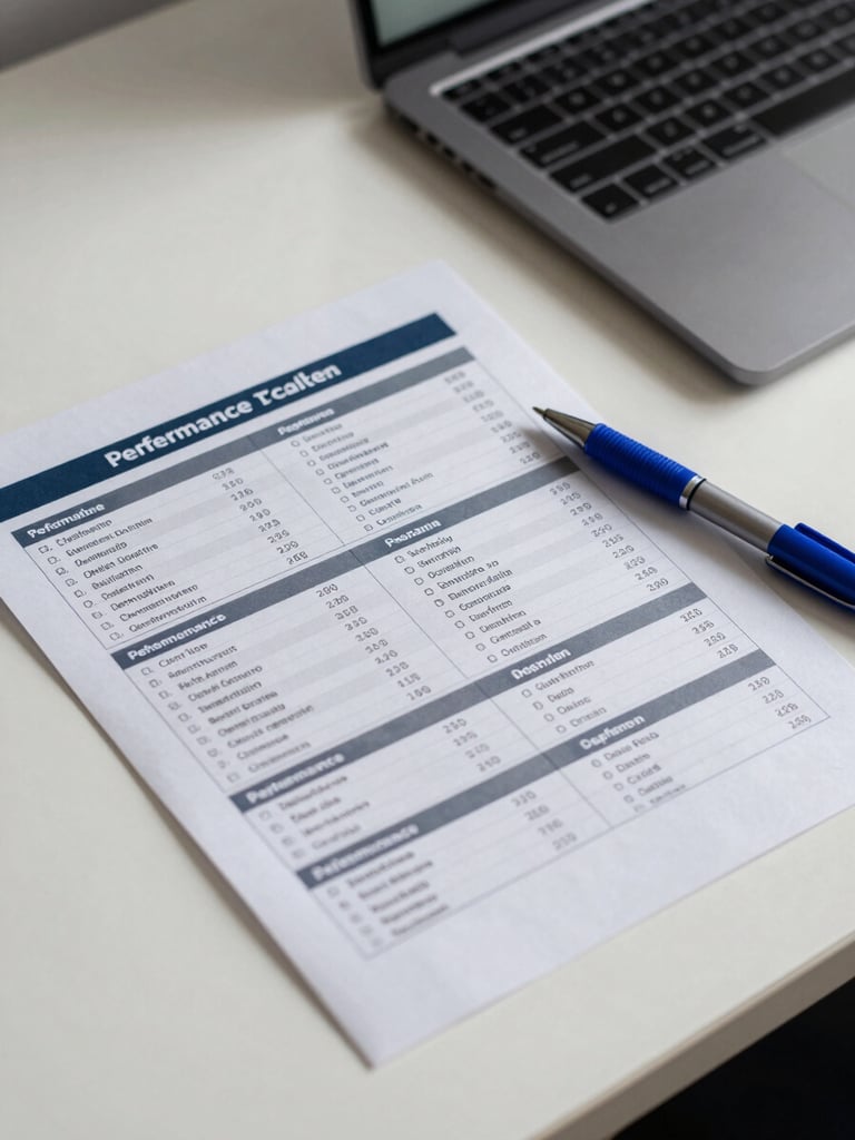 Overhead view of printed campaign performance report on a clean white desk, key metrics highlighted with a blue pen, a laptop partially visible in background, cool even fluorescent light, no people
