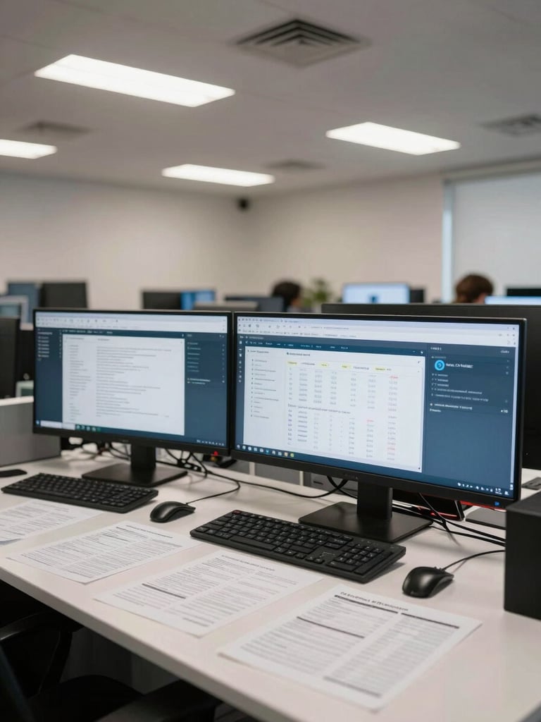 Wide shot of a modern organized agency workspace, monitors showing Meta Ads Manager and analytics reports, printed data sheets spread on a long white desk, cool overhead fluorescent light, no people visible