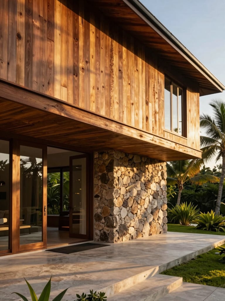 Close-up architectural view of a standalone villa at Sona Valley, golden-hour light washing across teak timber cladding and rough-cut stone entry wall, wide covered veranda opening toward tropical vegetation, no people, natural shadows defining the facade geometry