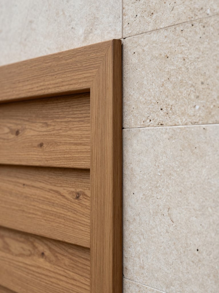 Close architectural detail shot, diffuse daylight on teak timber cladding joint meeting a limestone wall panel, grain and texture clearly visible, shallow depth, no people, no furniture