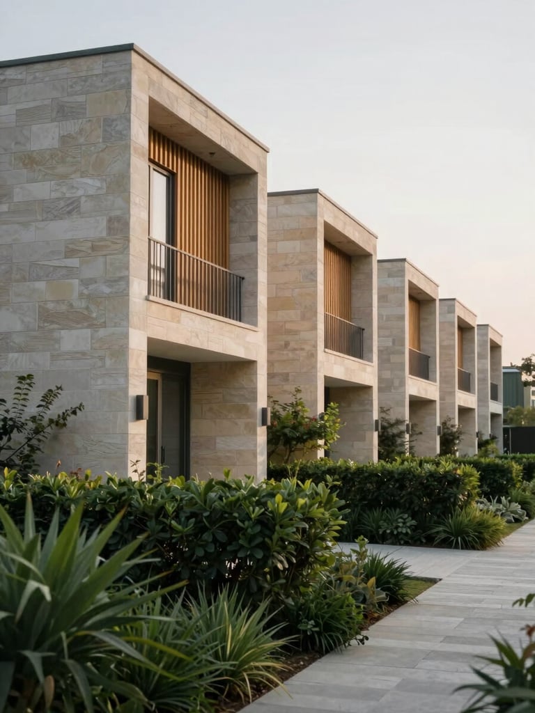 Row of low-rise townhouses at Sona Valley viewed from a slight angle, diffuse morning light on limestone rendered walls and timber screen panels, dense green hedging lining the footpath, no people, clean architectural lines with natural material texture visible