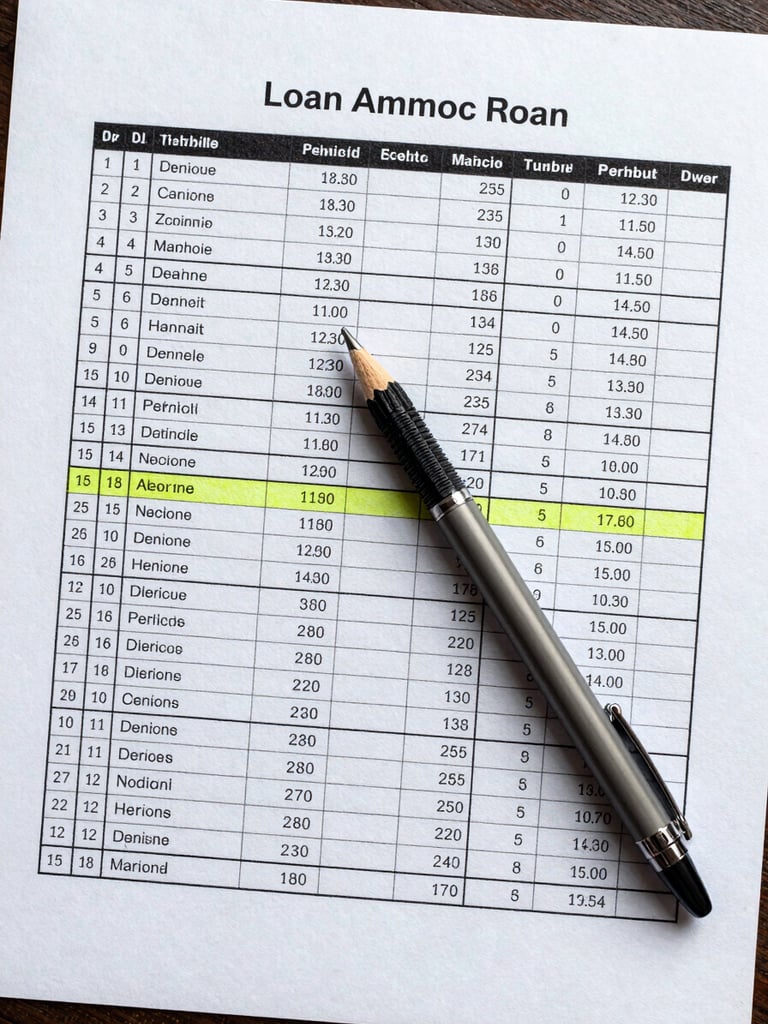 Overhead flat-lay of a printed loan amortization schedule on white paper, a mechanical pencil resting diagonally across highlighted figures, cool studio daylight from the left, tight crop showing only the document and pencil