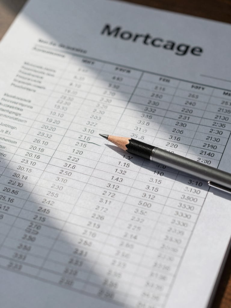 Overhead flat-lay of a printed mortgage amortization document with a mechanical pencil resting across handwritten margin notes, cool studio daylight from the left, numbers clearly legible in the frame