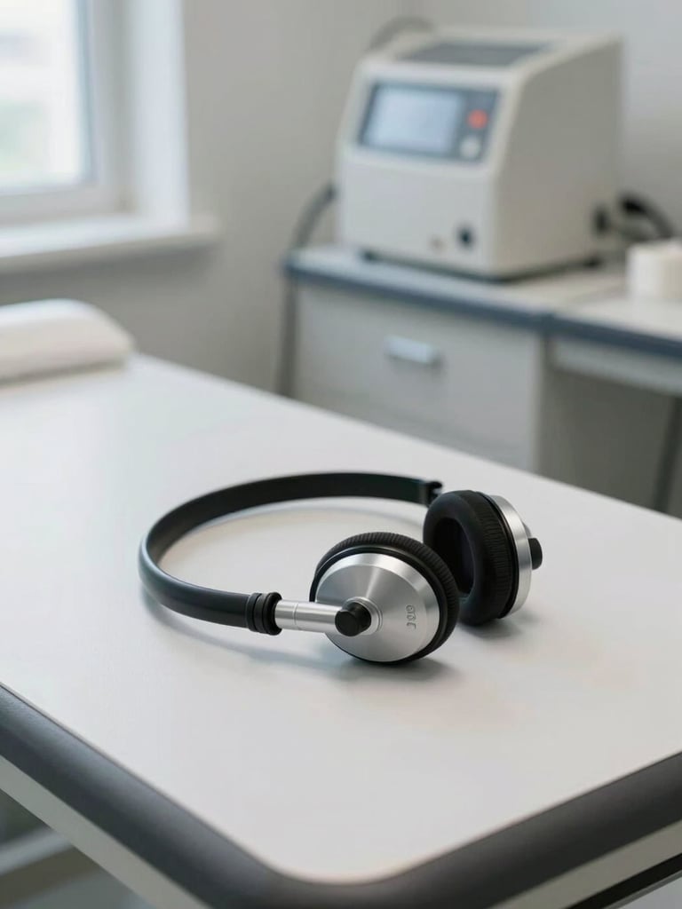 Tight shot of audiometry headset resting on a clinical exam table beside a spirometer mouthpiece, clean white exam room surface, even overhead clinical lighting, honest daylight from a side window, no people, equipment-focused documentary realism