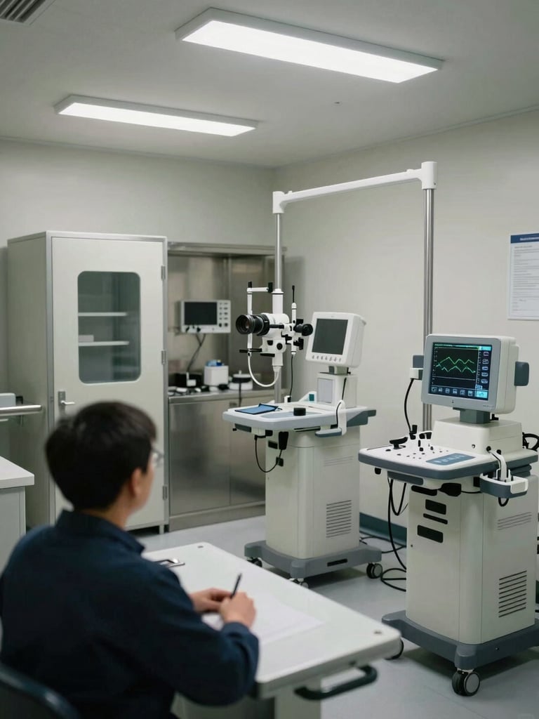 Wide shot of an occupied industrial exam room, audiometry booth and ECG machine visible to the right third of frame, a worker seated in the foreground with their back to camera, overhead clinical fluorescent lighting casting even white light across stainless equipment surfaces, no people posing