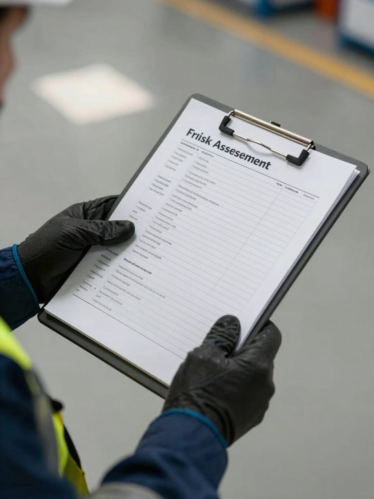 Tight shot of a safety technician's gloved hands holding a clipboard with a risk assessment checklist against a blurred industrial floor background, overhead clinical lighting, sharp documentary detail