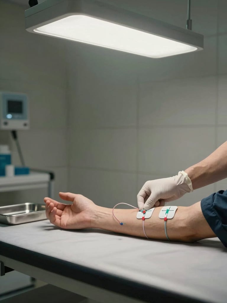 Tight wide shot of a clinical exam room: a technician's gloved hands attaching ECG electrode leads to a patient's forearm on a clean exam table, overhead fluorescent clinical lighting casting even shadows, stainless steel equipment tray visible at left edge, neutral tiled wall background—documentary realism, no posed subjects.