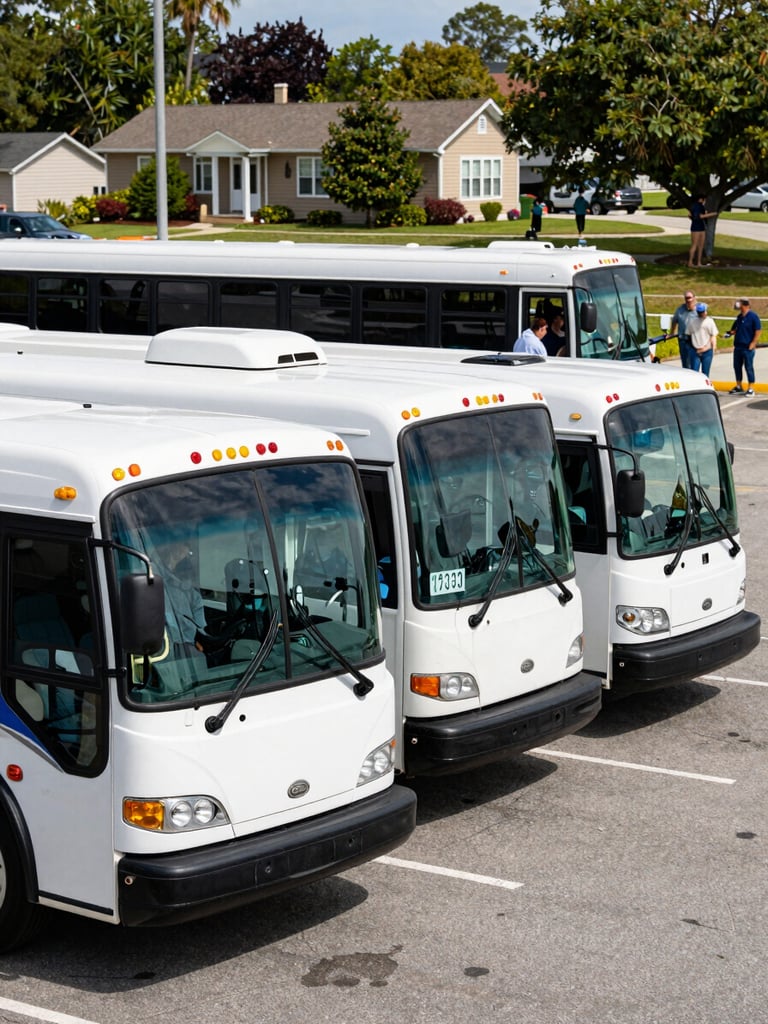 Medium environmental shot in natural daylight — three shuttle buses lined up side by side at an outdoor event venue parking area, drivers visible near vehicles, passengers boarding in the background, Nassau County suburban setting, documentary framing, no posed subjects