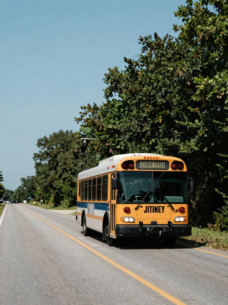 Wide environmental shot, natural daylight — a Rockaway Jitney shuttle bus in motion on a straight Nassau County road, trees lining the right side, vehicle filling the center-right frame, generous open sky to the upper left, documentary feel, no studio lighting