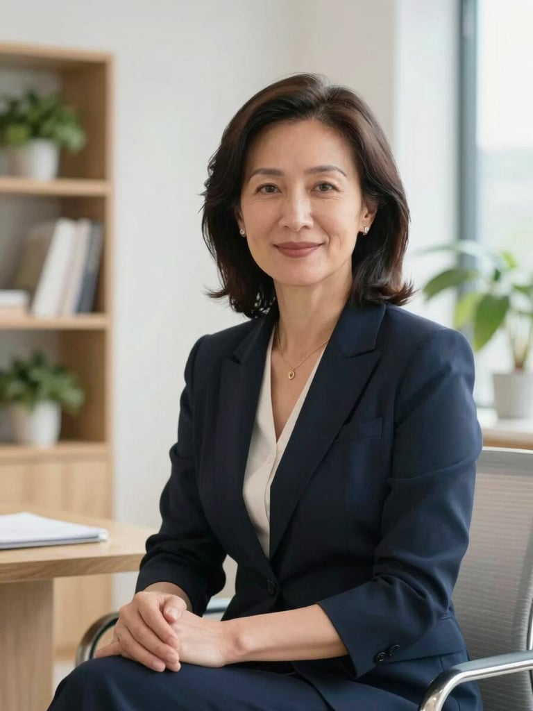 A professional female educator in her late 40s, warm and confident expression, sitting in a bright modern office with natural wood shelves and soft greenery, elegant and authoritative portrait.