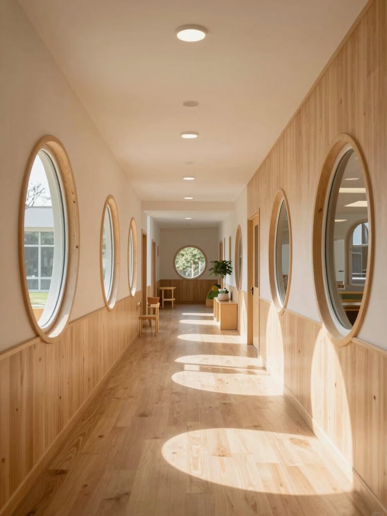 A sunlit, wide architectural shot of a modern kindergarten corridor with light natural wood finishes and low-level circular windows designed at a child's eye level.