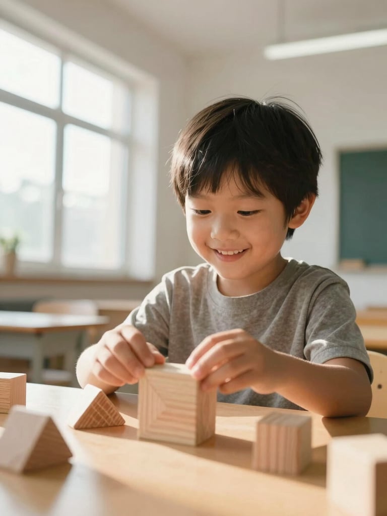 Low-angle portrait of a young child smiling while interacting with natural wooden geometric blocks, soft morning sunlight streaming through wide windows of a clean modern classroom, shallow depth of field, warm and airy atmosphere.