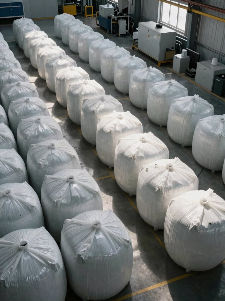 Wide-angle facility floor shot from elevated angle, rows of sorted plastic bales in organized stacks, overhead industrial lighting casting structured shadows, cool neutral tones, machinery visible in background mid-operation