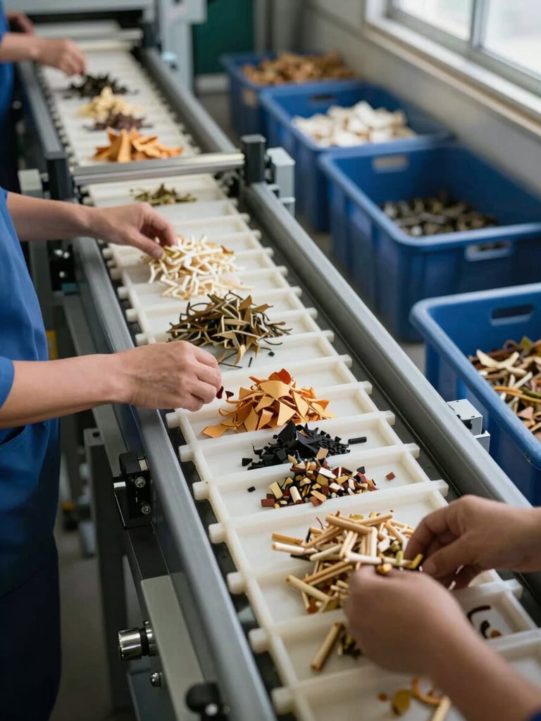 Close overhead view of a plastic sorting conveyor line inside an industrial facility, workers' hands visible separating material types, cool natural light from high windows, machinery and sorted material bins in the background, structured geometric framing