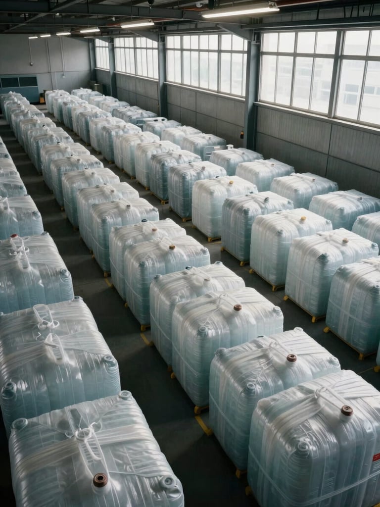 Wide facility floor shot from elevated angle, sorted plastic bales stacked in organized rows under industrial overhead lighting, cool-neutral daylight entering from high clerestory windows on the right, geometric framing emphasizing scale and operational order