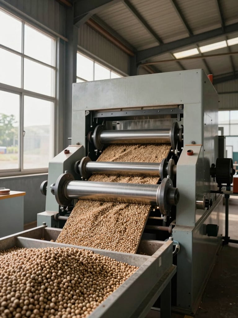 Wide environmental shot of a plastic processing facility interior in Zimbabwe — extruder or granulator machinery operating at center, material transformation visible, pellet output tray in foreground, natural daylight through industrial windows left side, geometric structural framing