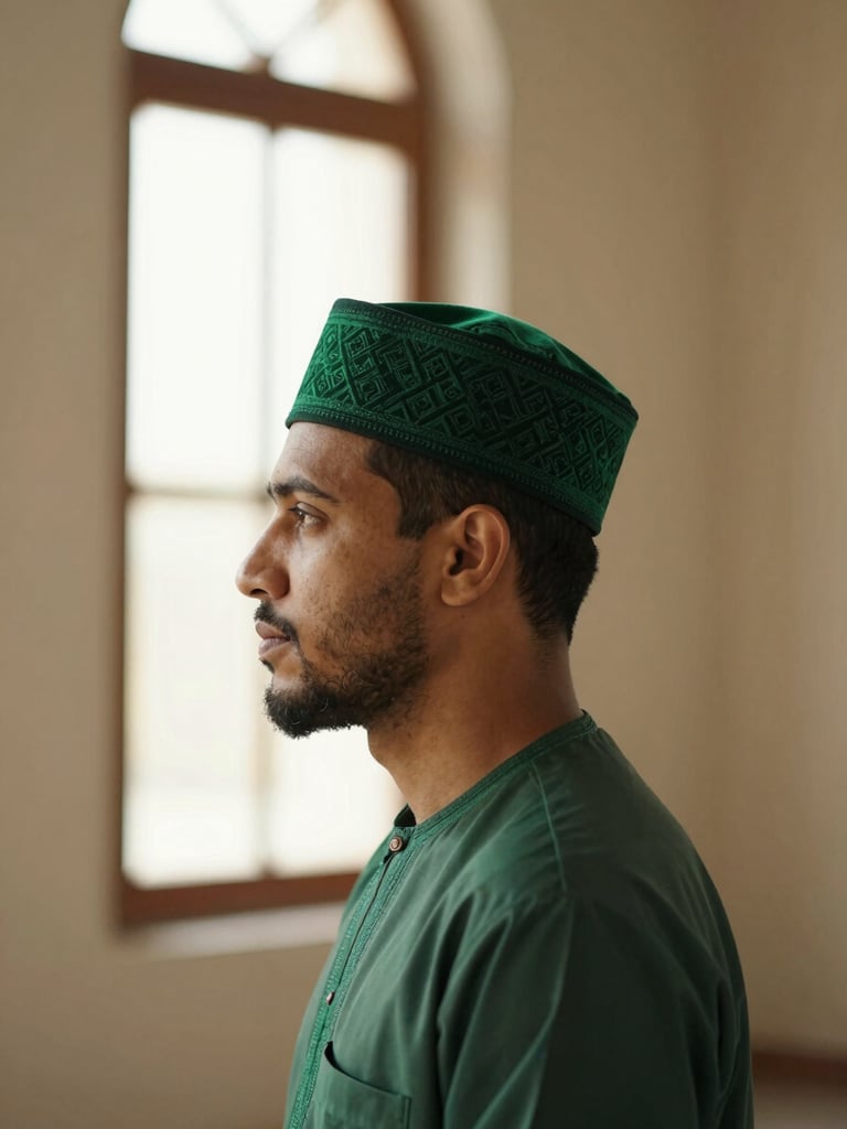 Dignified side-profile portrait of a Muslim man wearing a structured deep emerald cap in soft mosque window light, warm editorial photography, rich sand tones, shallow depth of field, 50mm lens