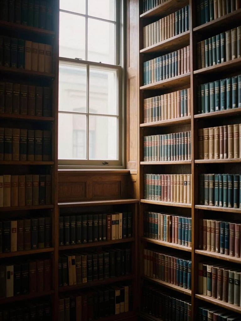 A quiet historic library interior with towering wooden shelves filled with classic volumes, soft natural light streaming through a tall window, creating long shadows