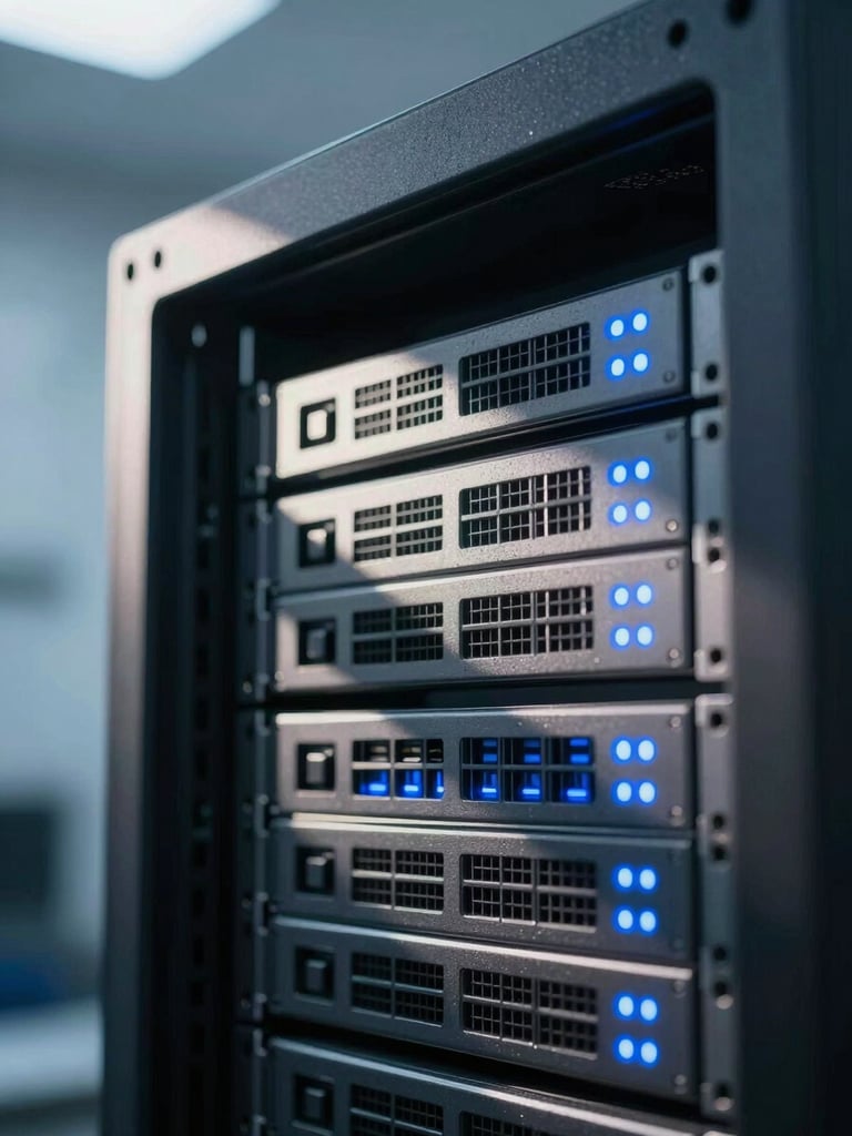 Macro shot of a high-end server rack with glowing electric-blue status lights, cool daylight casting sharp architectural shadows, 35mm.