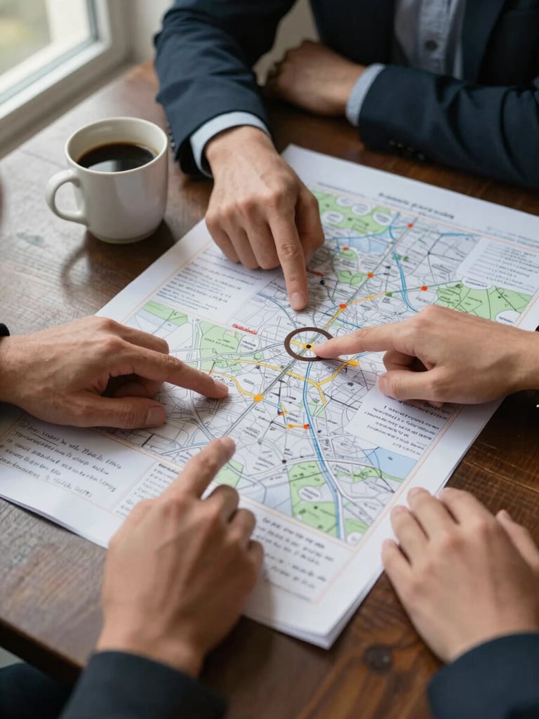 Close overhead view of a strategy session in progress — hands pointing at printed maps and handwritten notes spread across a dark wooden table, a ceramic coffee cup leaving a ring on the paper, north-facing daylight from a window to the left casting soft directional shadows, no faces visible