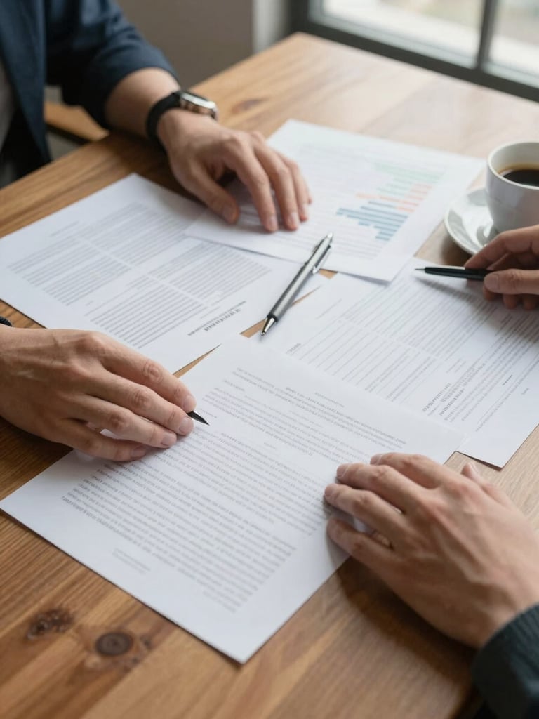 Close overhead view of hands spreading printed market research documents across a wide wooden table, a pen resting beside annotated pages, north-facing daylight from a tall window casting soft shadows across the papers, a ceramic coffee cup visible at the edge of frame