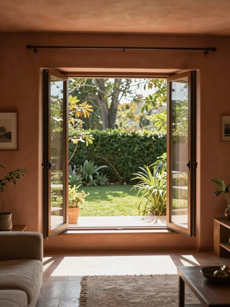 Bright sun-drenched modern living space with open windows looking out to a lush green garden, soft terracotta details in the room, warm morning light.