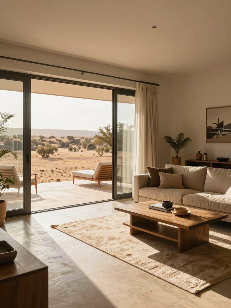 A bright, sun-drenched modern living room in Windhoek opening to a wide veranda, warm sand tones, clean interior design, soft morning light.