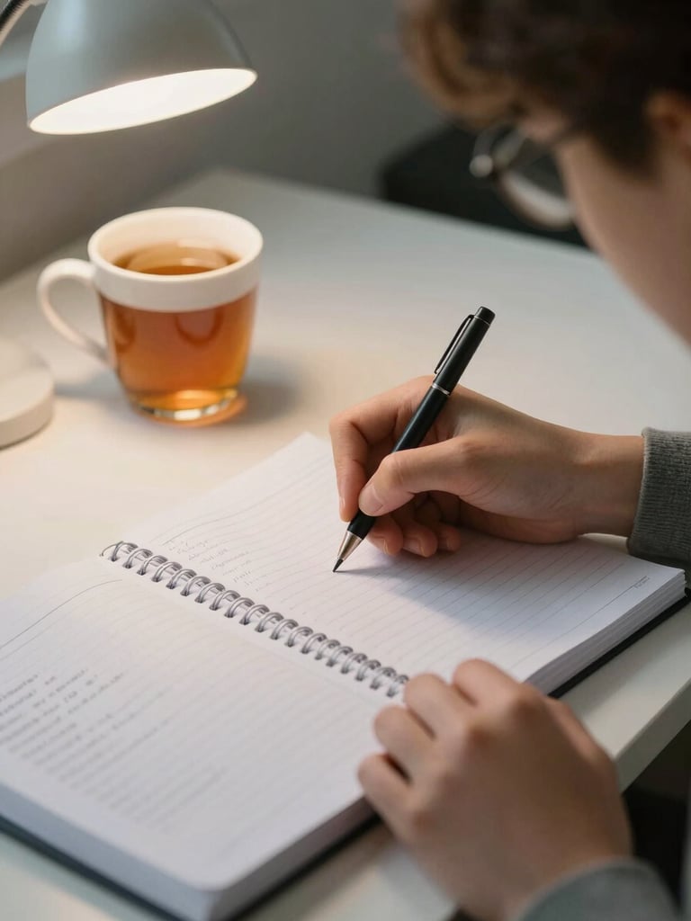 A close-up of a student's hand writing notes in a college ledger next to a cup of tea, soft desk lamp lighting, focused academic atmosphere.