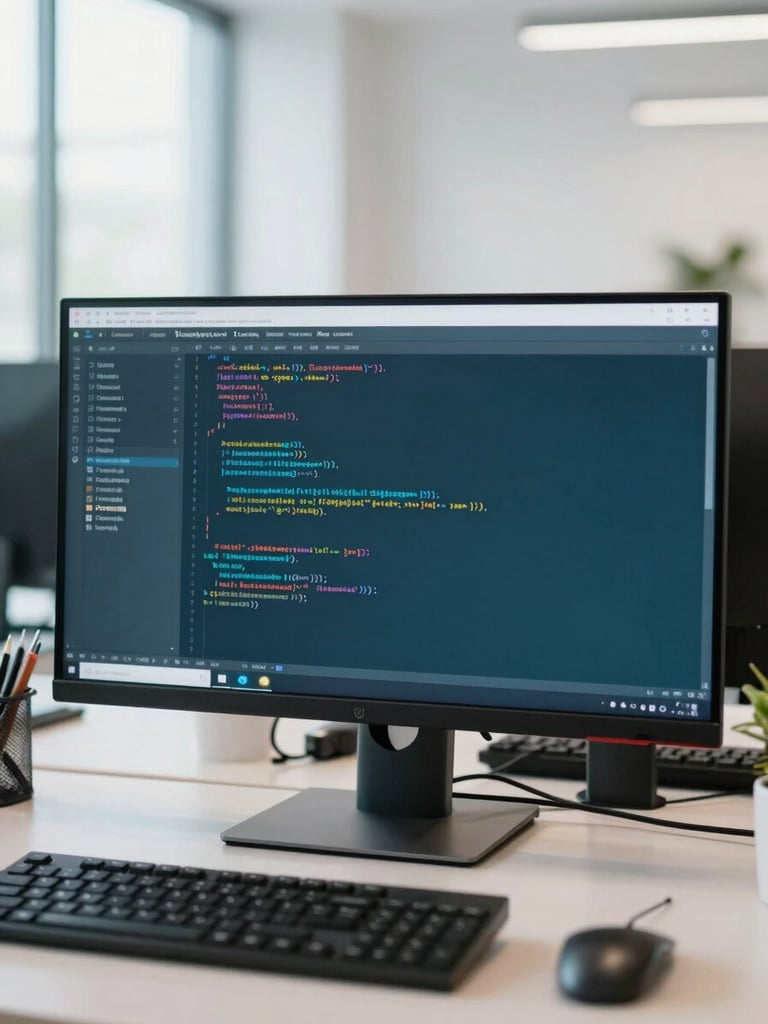 A vertical portrait of a developer workspace with clean code on a monitor, soft teal ambient light, professional depth of field, bright natural daylight.