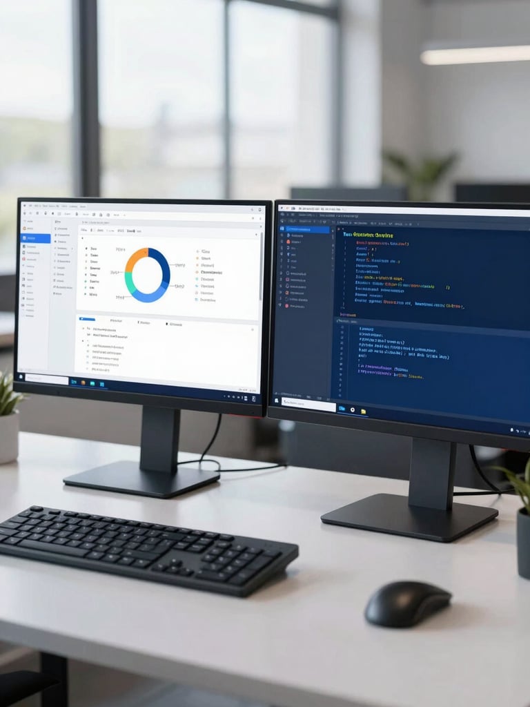 Bright modern tech workspace with dual monitors displaying test automation dashboards and code editors, soft daylight, 35mm photography