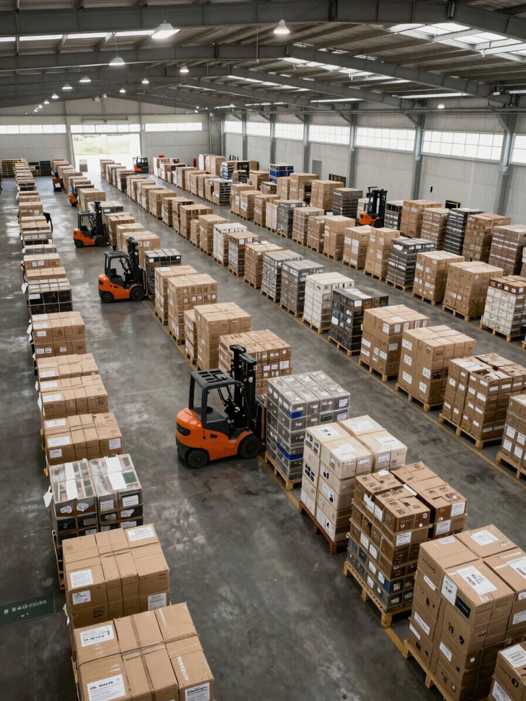 Elevated aerial view of a large Brazilian distribution center interior, packages sorted in precise rows under bright industrial lighting, forklifts mid-transit between aisle corridors, hierarchical layout visible from above, crisp daylight from skylights, no people faces visible