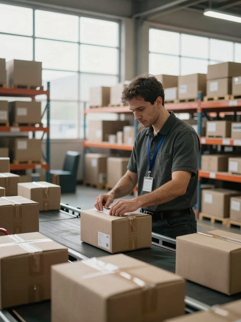 Medium shot inside active fulfillment hub, worker scanning packages on a conveyor belt under crisp daylight from high windows, tracking labels clearly visible, organized inventory shelves visible in background depth