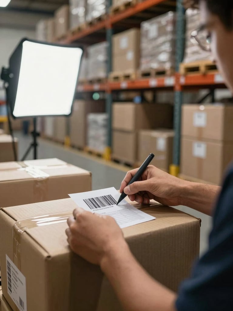 Medium shot inside an active Brazilian fulfillment center, a worker's hands scanning a package barcode under bright studio strobes, tracking label in sharp focus, rows of shelved inventory visible in the background, crisp clinical lighting emphasizing operational precision