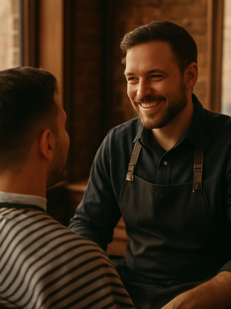 Candid over-the-shoulder shot of friendly conversation in a warm, welcoming neighborhood barber shop, soft window light, rich amber tones