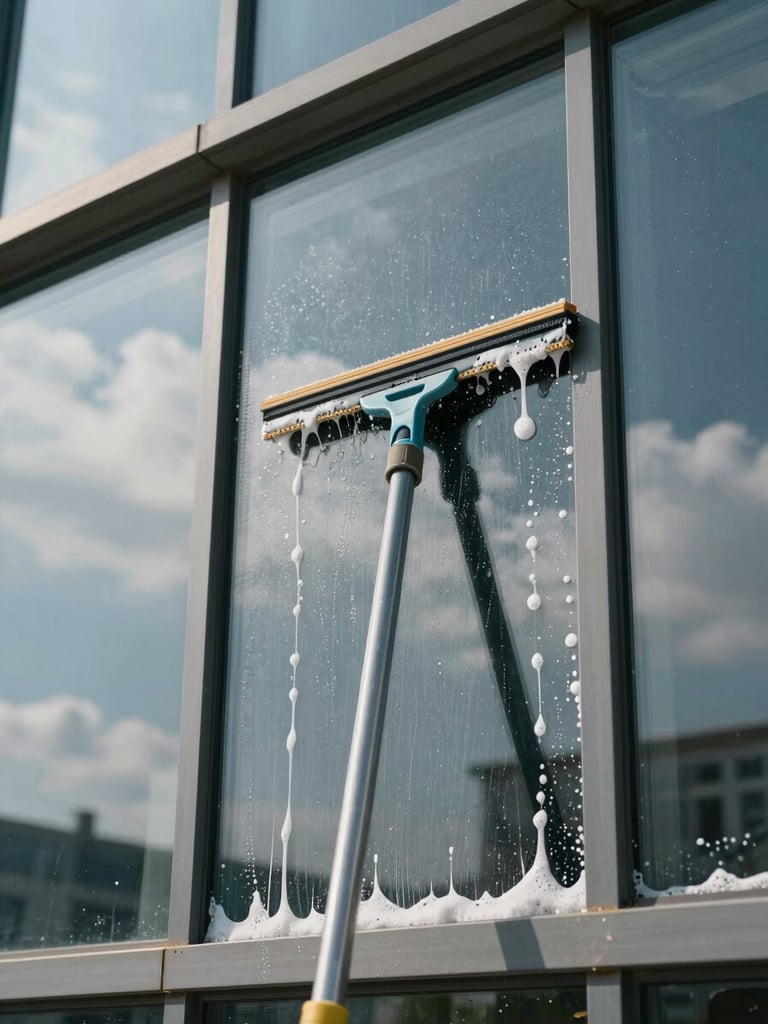 Close-up of a commercial building facade corner, squeegee blade clearing soapy water from a large glass panel, reflected clouds visible in the clean section, natural mid-day daylight, honest worksite framing with the full window height visible