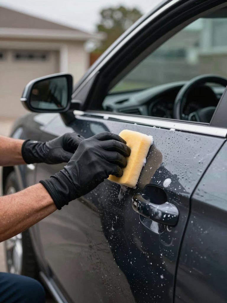 Close-up of a technician's gloved hands using a foam applicator on a car door panel in a residential driveway, soapy suds visible on the dark paint, natural overcast daylight, full work-in-progress honesty
