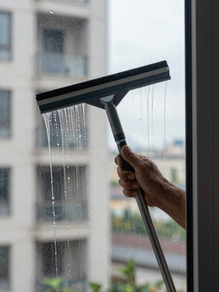 Close-up portrait of a professional window cleaner's squeegee dragging across a large glass pane, water streaming in rivulets down the surface, natural mid-day daylight, building facade visible in soft focus behind