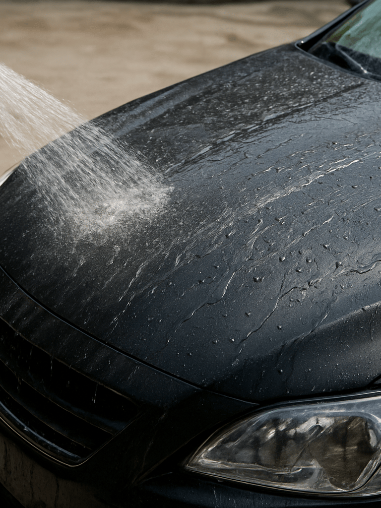 Close-up of a car hood being rinsed in a residential driveway, water sheeting off the dark paint, a hose nozzle visible at the upper left edge, natural mid-day sunlight casting no harsh shadows, the driveway concrete visible below