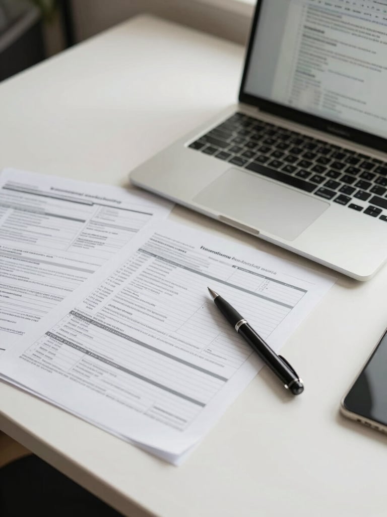 A clean, well-lit desk in Windhoek with organized tax forms, a pen, and a laptop showing clear step-by-step guides, bright natural daylight.