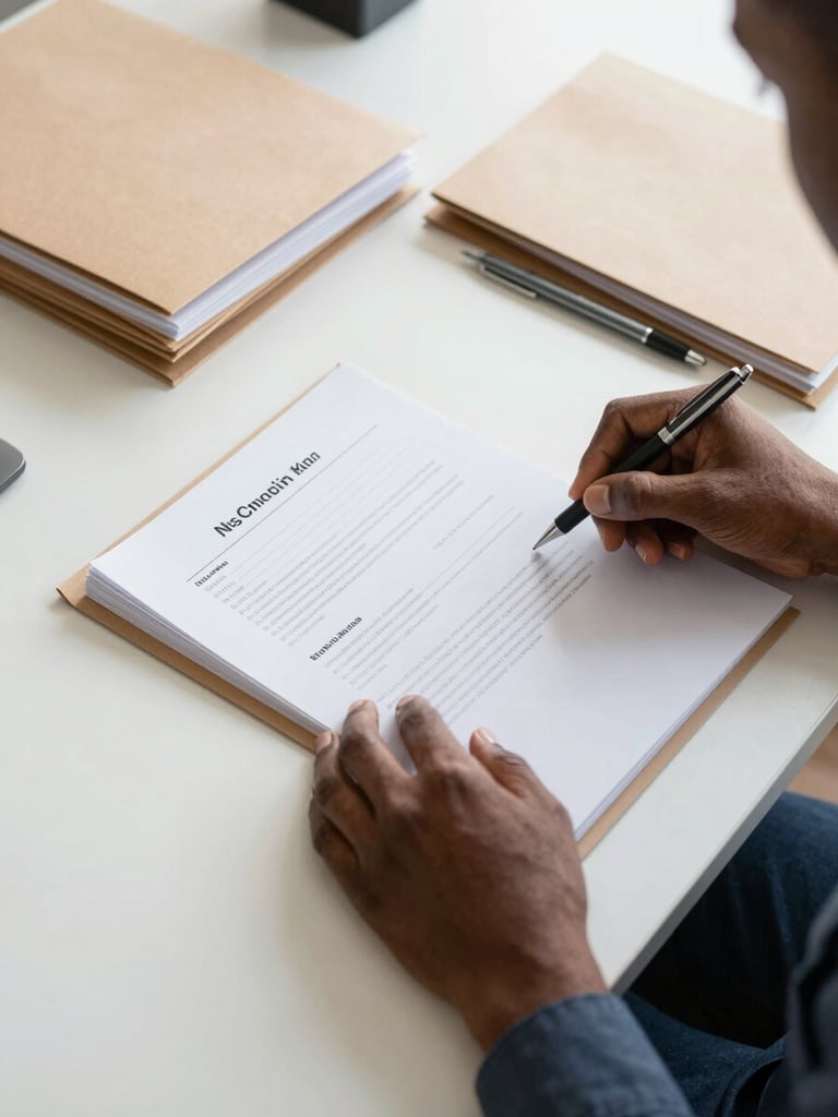 A bright, natural-light portrait of a Namibian professional organizing documents on a clean desk. Overhead angle, showing neat paper folders and a pen. Clear, minimalist workspace environment.