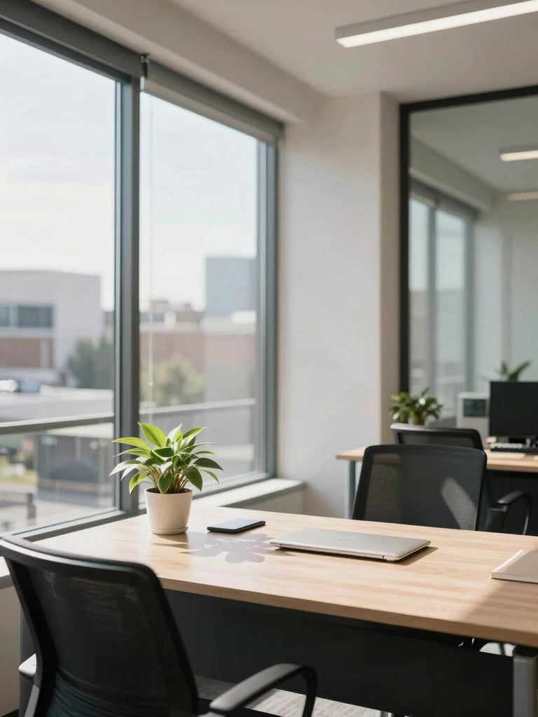 A bright, modern office interior in Windhoek with clean glass windows, natural sunlight illuminating a tidy desk with a small indoor plant.