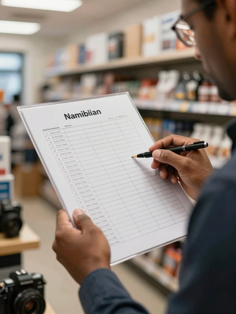 Close-up of a Namibian entrepreneur reviewing a clear, printed checklist in a bright, modern local shop