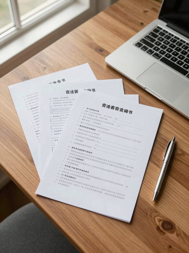 Overhead flat lay of neatly organized business registration documents, a clean pen, and a laptop on a warm wooden desk under bright natural window light.