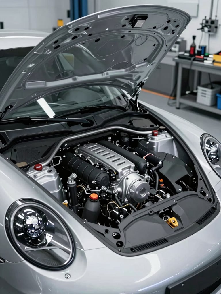Crisp commercial automotive photography of a spotless modern workshop, a clean Porsche 911 engine bay exposed under sharp cool metallic studio lighting, 35mm lens focus